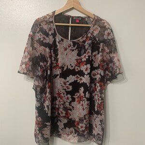 Vince Camuto Black Floral Sheer Blouse with Flutter Sleeves Size 3X